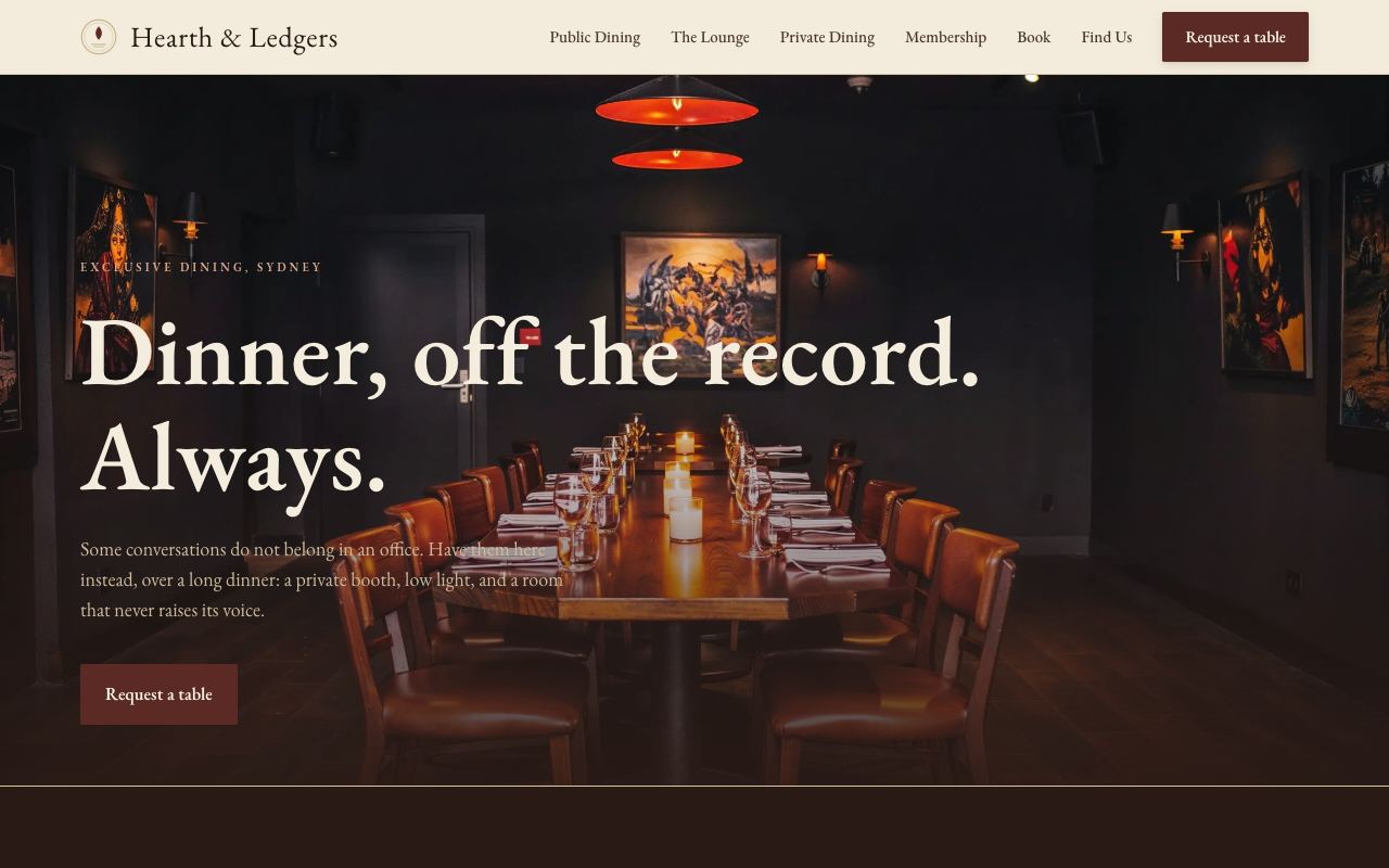 Hearth & Ledgers, Hospitality · fireside dining